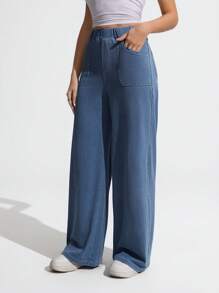 Flexra Women's Casual Street Elastic Waist Loose Fitting Wide Leg Jeans With Side Pockets