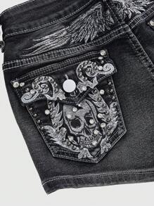 ROMWE Avant Quần short denim cạp thấp siêu ngắn thêu hình đầu lâu cánh phong cách Y2K cổ điển dành cho nữ - màu đen - Xem 2