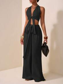 Zivah Conjunto de dos piezas para mujer, estilo nuevo, informal, para vacaciones, citas diarias, playa, fiesta, club, elegante, cuello halter, tirantes, escote en V profundo, diseño de tirantes delanteros y centrales, sin mangas, pantalones extra largos de pierna ancha, color albaricoque.