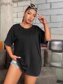 Flirla Plus Butterfly Appliques Drop Shoulder Tee Graphic Tees Women Tops - Black - View 4