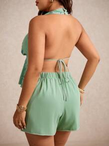 Elaquor Bộ 2 món áo hở lưng sequin gợi cảm cỡ lớn và quần short, kỳ nghỉ - màu xanh lá - Xem 2