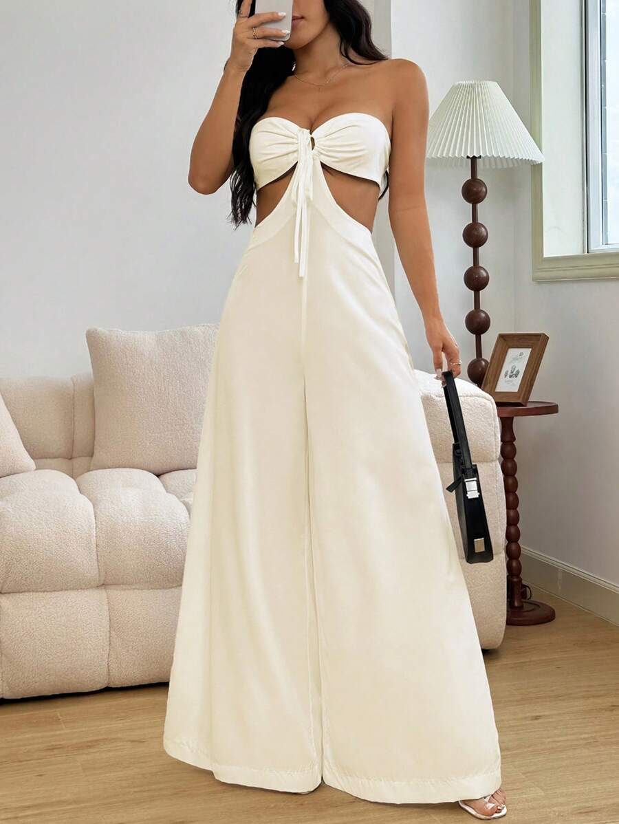 INAWLY 女士纯色性感露背吊带背心蕾丝镂空阔腿连体裤