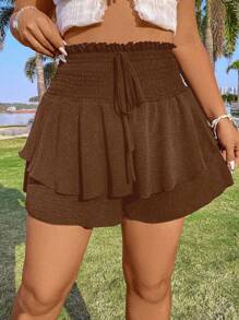 Flirla Plus Size High Waisted Double Hem Shorts - Coffee Brown - View 1