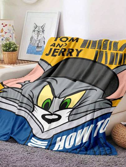 TOM & JERRY X SHEIN 猫咪图案蓬松珊瑚绒毛毯，适合办公室午睡、盖毯、柔软温暖舒适的沙发毯、轻薄亲肤毛毯，适合居家、旅行、礼物