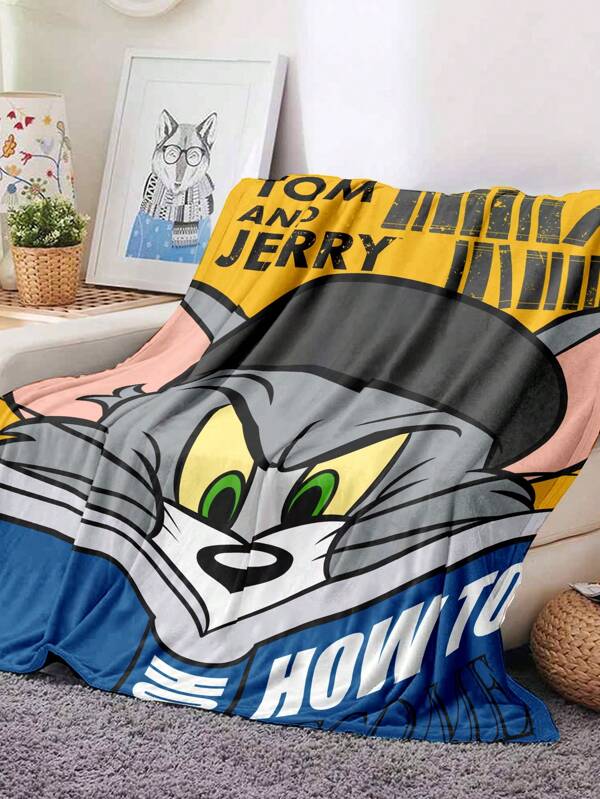TOM & JERRY X SHEIN Manta de forro polar de coral suave con estampado de gato para siesta en la oficina, manta de tiro, manta suave y cálida para sofá, manta liviana y amigable con la piel para el hogar, viajes y regalos