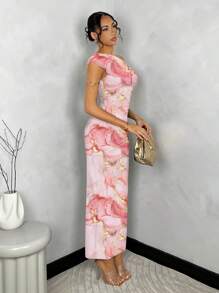 SHEIN BAE Elegant Women Casual Asymmetric Ruched Bodycon Dress, Suitable For Summer Chic Dress - Pink - View 4