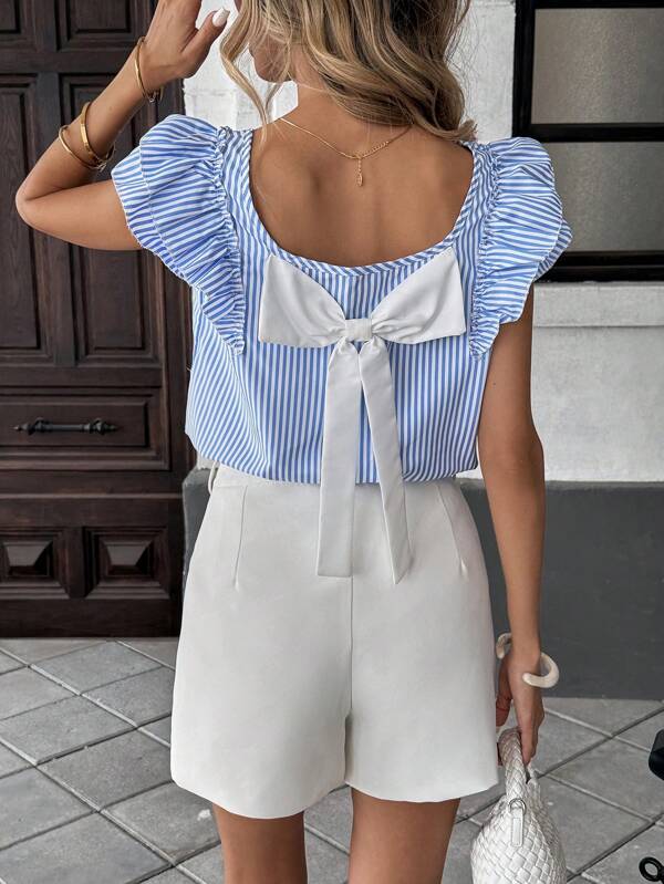 Pariaura Bluză cu mânecă scurtă și dungi, model patchwork, cu mânecă scurtă