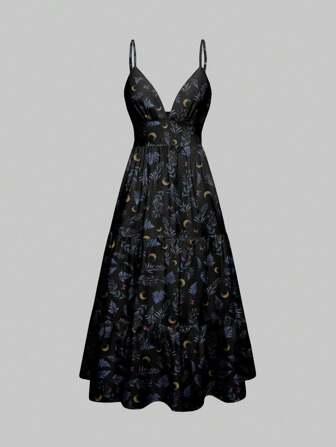 Goth Gotischer Pflanzen-Muster Spaghetti-Träger Mehrlage Urlaubs Hexen Boho Stil Kleid für Damen
