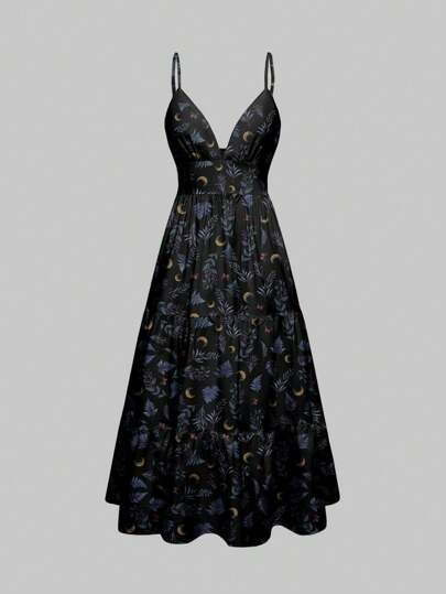 Gothic Plant Print Spaghetti Strap Multi-Layer Vacation Witchy Boho Style Dress For Women