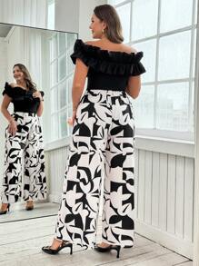 Ellevyn Curve Plus Size Women's Black And White Summer Elegant Cocktail Off-Shoulder Ruffle Bodysuit & Geometric Printed Elastic Waist Trousers Two-Piece Set - Multicolor - View 7
