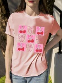 INAWLY Camiseta gráfica de cuello redondo coqueta con estampado de lazo de cereza a cuadros, ideal para el Día de San Valentín