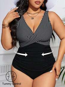Shapewave Plus Size Women's Striped Criss-Cross Front One-Piece Swimsuit, Tummy Control Beach Outfit Bathing Suit Summer,Summer Beach
