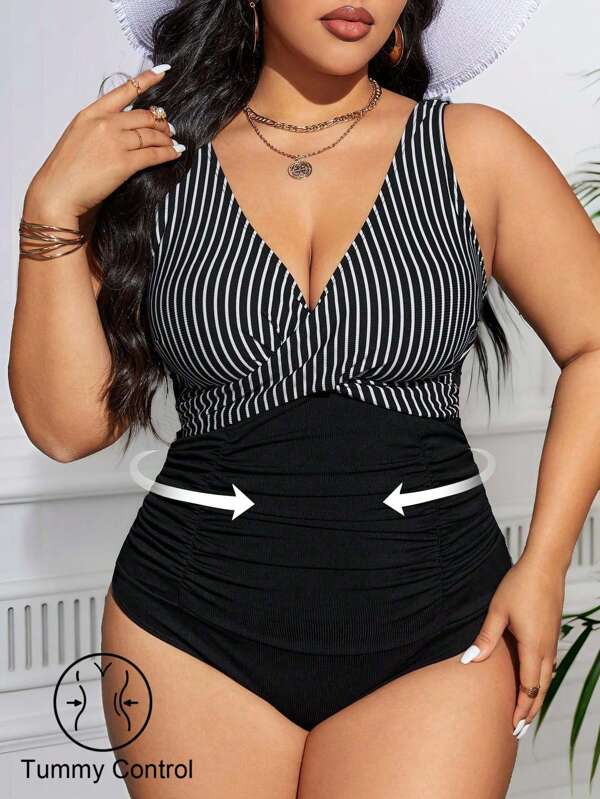 Shapewave Plus Size Women's Striped Criss-Cross Front One-Piece Swimsuit, Tummy Control Beach Outfit Bathing Suit Summer,Summer Beach