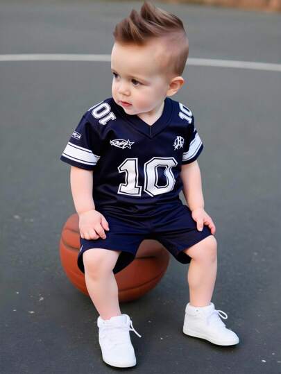 SHEIN Playful Pals 2pcs Baby Boy Infant Toddler Newborn 0-3 Years Old Spring Summer Casual Sports Football Basketball Soccer Jersey Style V-Neck Mesh Fabric Top Shorts 2 Piece Outfit, Sporty Style