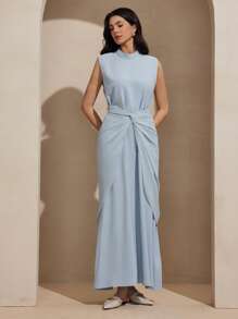 Graceveil Solid Color Elegant Wrap Waist Dress With Open Front Long Sleeve Cardigan Fall Cloth For Women - Blue - View 7