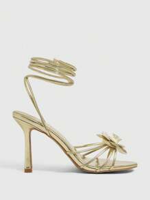 CUCCOO SZL 女士金色金属 PU 山茶花装饰性感后绑带迷人夜店高跟凉鞋 - 金色 - 查看 8