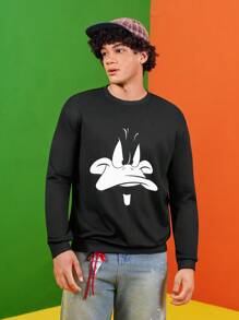 LOONEY TUNES X SHEIN 男士卡通图案黑色圆领卫衣，秋冬款，送给男朋友的礼物，美式风格 - 黑色 - 查看 3