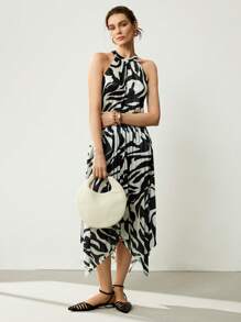 Uhlyne 女士夏季度假海滩休闲通勤工作圆领无袖褶边不对称白色条纹太阳裙中长连衣裙