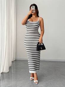 SHEIN Unity Abito sexy taglie forti da donna con texture a righe a contrasto - Bianco - Visualizzare 4