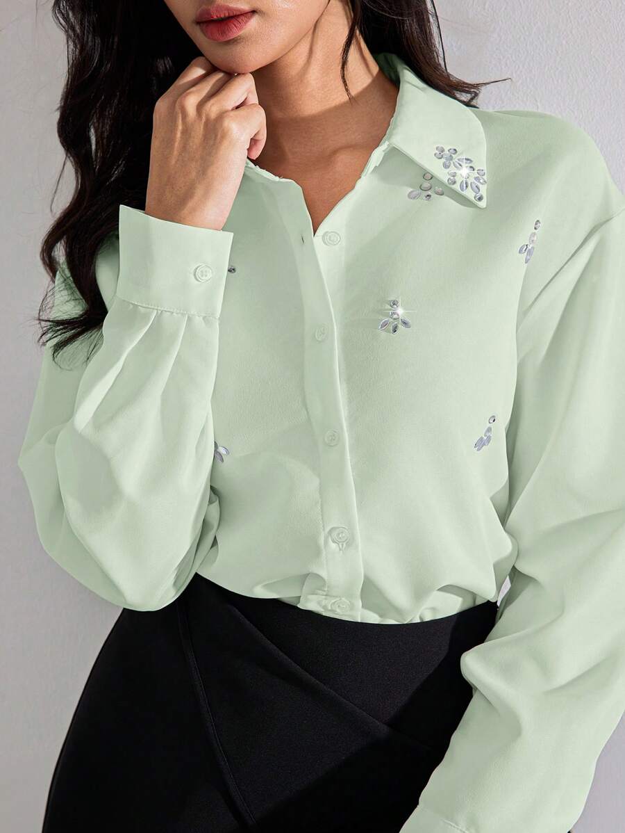 Heiryn 女式水钻装饰落肩长袖单排扣优雅衬衫