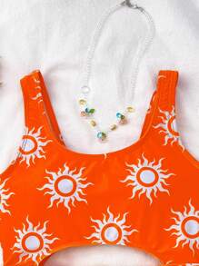 SHEIN Tween Girl Knit Hollow-Out One-Piece Swimsuit With Sun Pattern - Orange - View 7