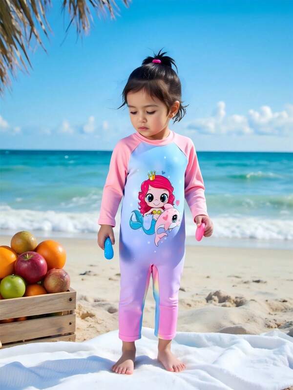 Baby Girls Beachwear, One-Piece Swimsuit With Cute Cartoon Print Design, Long Sleeve And Long Pant, Suitable For Swimming, Beach, Holiday Baby Girl Rash Guard Swimsuit Baby Swim Suit Girl Long Sleeve Toddler Beach Wear Baby Girl Beach Wear Baby Girl Mermaid Swimsuit