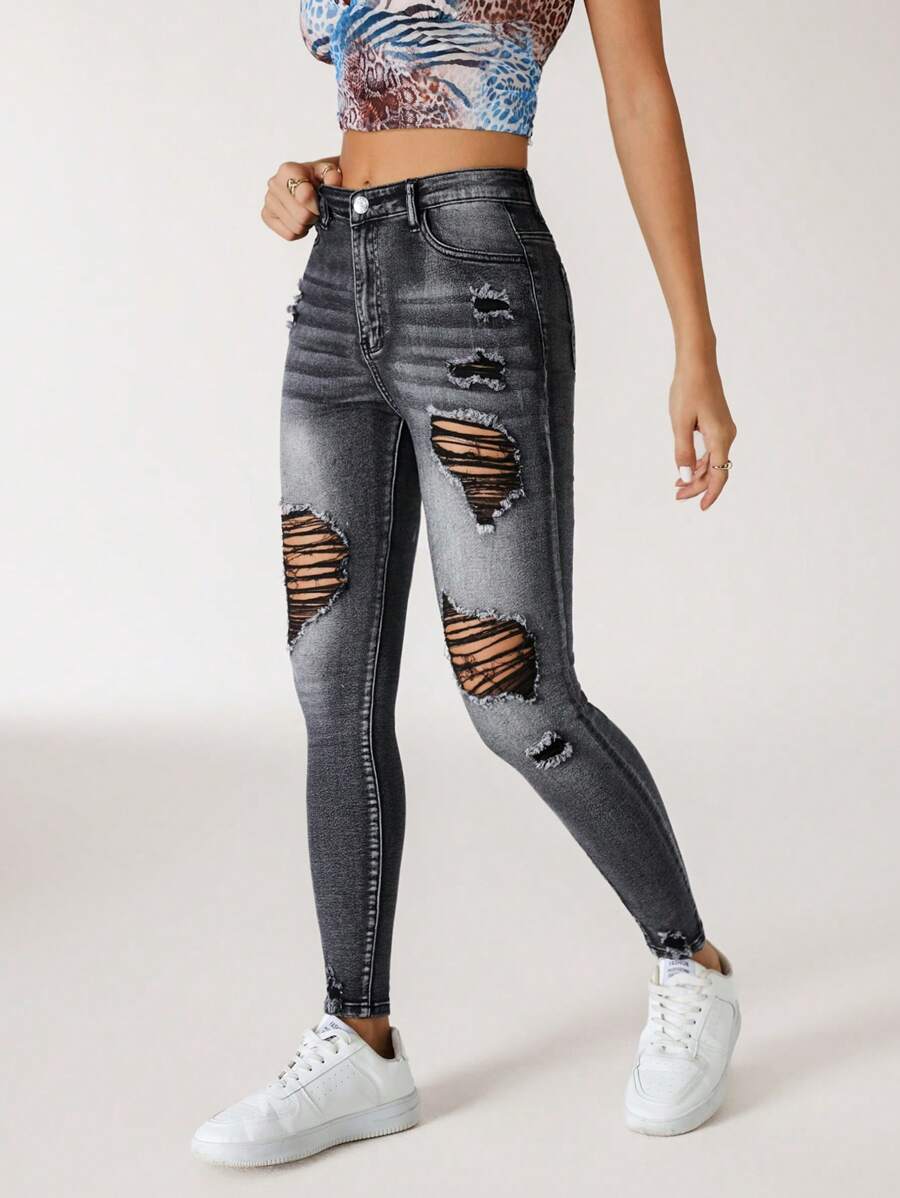 SHEIN EZwear 休闲破洞修身牛仔裤 - 深灰色 - 查看 1