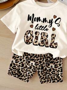 SHEIN Happikins Mama's Little Girl❤ Cream White, Vintage Leopard Print Baby Girl's Casual Minimalist Round Neck Loose Short Sleeve T-Shirt And Skinny Shorts Set, Suitable For Spring/Summer - Multicolor - View 3