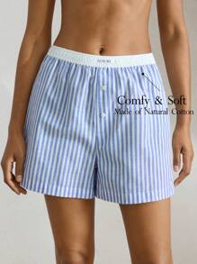 Ocili Leisure Women's Plaid Pattern Cotton Comfortable Fake Placket Shell Button Casual Shorts For Home Wear - Baby Blue - View 1