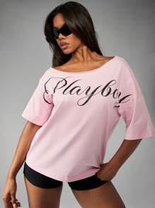Missguided x Playboy 露肩文字 T 恤宽松休闲居家上衣街头风格都市时尚基本款图案宣言 - 粉色 - 查看 4
