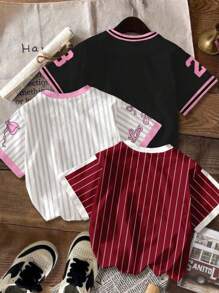 SHEIN EZwear 3 件女士休闲简约圆领条纹 #23 和城市字母图案短袖 T 恤，适合夏季，适合运动游戏 - 彩色 - 查看 2