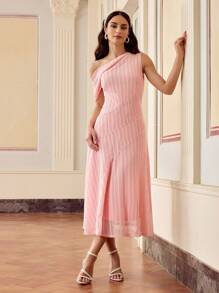 ZEYLAH 纯色网眼针织翻领不对称肩部喇叭下摆长连衣裙 - 粉色 - 查看 5