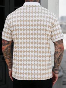 Manfinity Homme 男式半开襟插肩袖格子休闲 Polo 衫，夏季 - 卡其色 - 查看 2