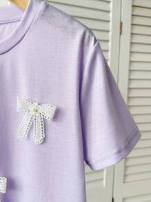 Tween Girls Cute 3D Bow Decor T-Shirt, Versatile Casual Daily Wear For Any Occasion Lilac Teen Shirt Girls Casual Short Sleeve T-Shirt Girls Lace Bow T-Shirt Lavender Tee Purple Girls Tee