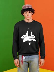 LOONEY TUNES X SHEIN 男士卡通图案黑色圆领卫衣，秋冬款，送给男朋友的礼物，美式风格 - 黑色 - 查看 1