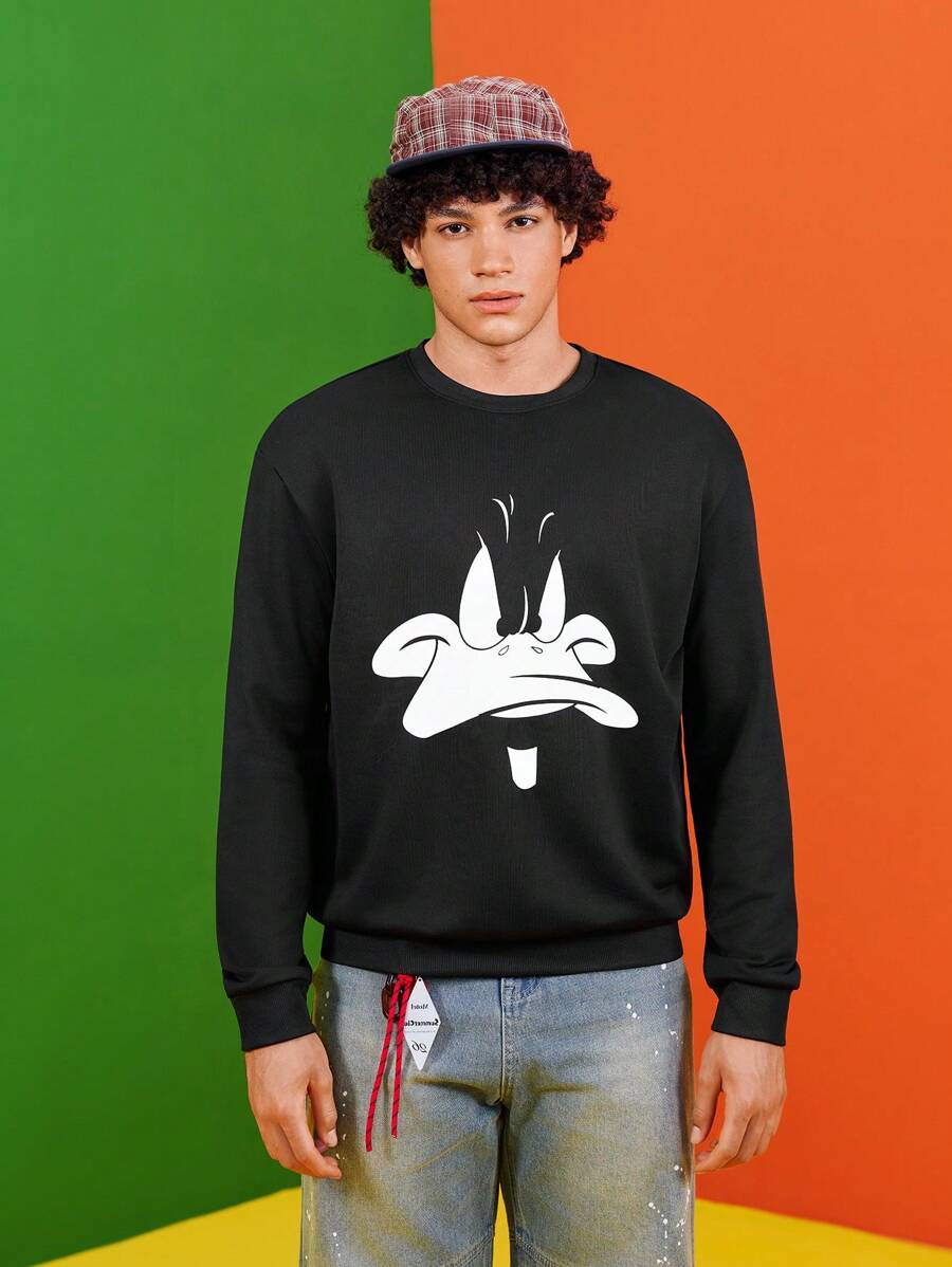 LOONEY TUNES X SHEIN 男士卡通图案黑色圆领卫衣，秋冬款，送给男朋友的礼物，美式风格 - 黑色 - 查看 1