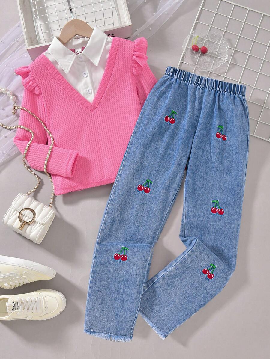 Sparklyn 2 件套 Tween 女童樱桃刺绣牛仔裤搭配假日撞色二合一上衣，适合秋冬、假日、夏季、旅行的休闲装 - 粉色 - 查看 1