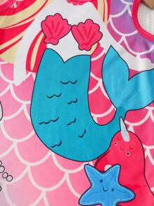 2 In 1 Set,Baby/Toddler Girl Light Pink Summer Cute Graphic Birthday Mermaid Print Princess Dress&Knit Jacquard Ruffle Hem Loungewear Dress For Girl - Multicolor - View 7