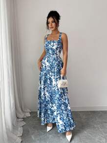 SHEIN Clasi Women's Floral Print Maxi Tank Dress For Summer - Blue and White - View 3