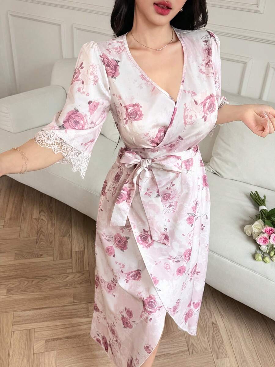 Modelyn Romantic Lace Sleeve Waist-Cinched Dress For Women - Pink - View 1