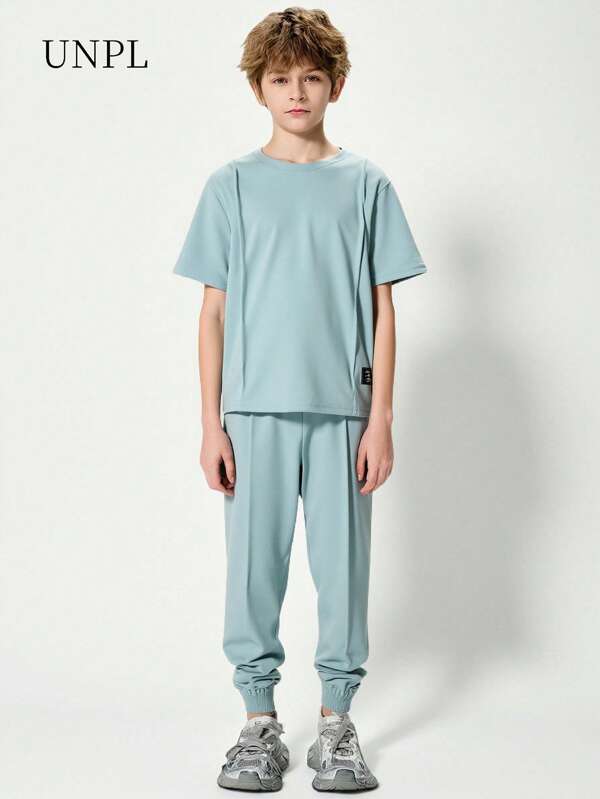 SHEIN Tween Boy Letter Patched Detail Tee & Sweatpants