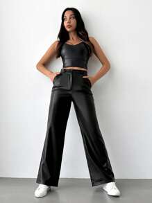 EURMUSE Solid Zipper Fly Wide Leg Pants - Black - View 3