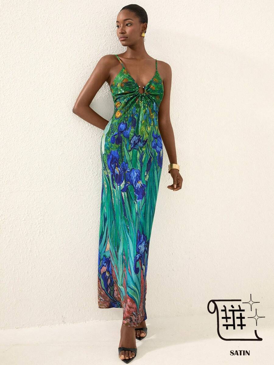 Aveloria Rosie 鸢尾花油画印花镂空金属扣吊带背心收腰修身连衣裙 - 彩色 - 查看 1