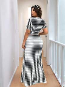 Solflare 2pcs/Set Plus Size Women's Casual Vacation Black & White Striped T-Shirt & Long Dress Set, Spring/Summer,,Club Outfit,Airport Outfit For Women,Teacher Outfits For Women,Vacation Outfits Woman,Elegant & Sexy For Daily, Outing, Date, Afternoon Tea, Vacation, Spring/Summer,Spring Outfits For Women, Summer/Summer Outfits For Women,Festival/Concert Outfit Women/Rave Outfits Festival/ Rave Outfits/,Spring Break Outfits, Graduation Dress,Beach Outfits For Woman/Beach,Birthday Dresses For Women,Two Piece Set Women