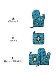 Frida Kahlo X SHEIN Printed Heat Insulation Set, Individual Piece And Set, Heat Insulation & Anti-Scald, Suitable For Kitchen Baking, Slip Proof Kitchen Items, Practical Holiday Home Gift,Summer Outfits, Spring Outfits,Beach, Vacation, Flower - Blue - View 3