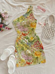 Soleia Vestido mini asimétrico sin mangas con estampado floral colorido para mujer
