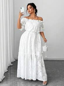 Vionelle Plus Size Elegant Solid Color Off Shoulder Dress - White - View 3