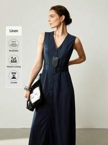 Uhlyne Uhlyne Rochie lungă din in, elegantă, fără mâneci, pentru femei (cu curea) - Albastru marin - Vizualizare 8