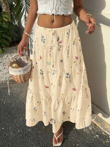 SHEIN EZwear Women's Yellow Floral Print Ruffle Trim Drawstring Waist Casual Holiday Skirt