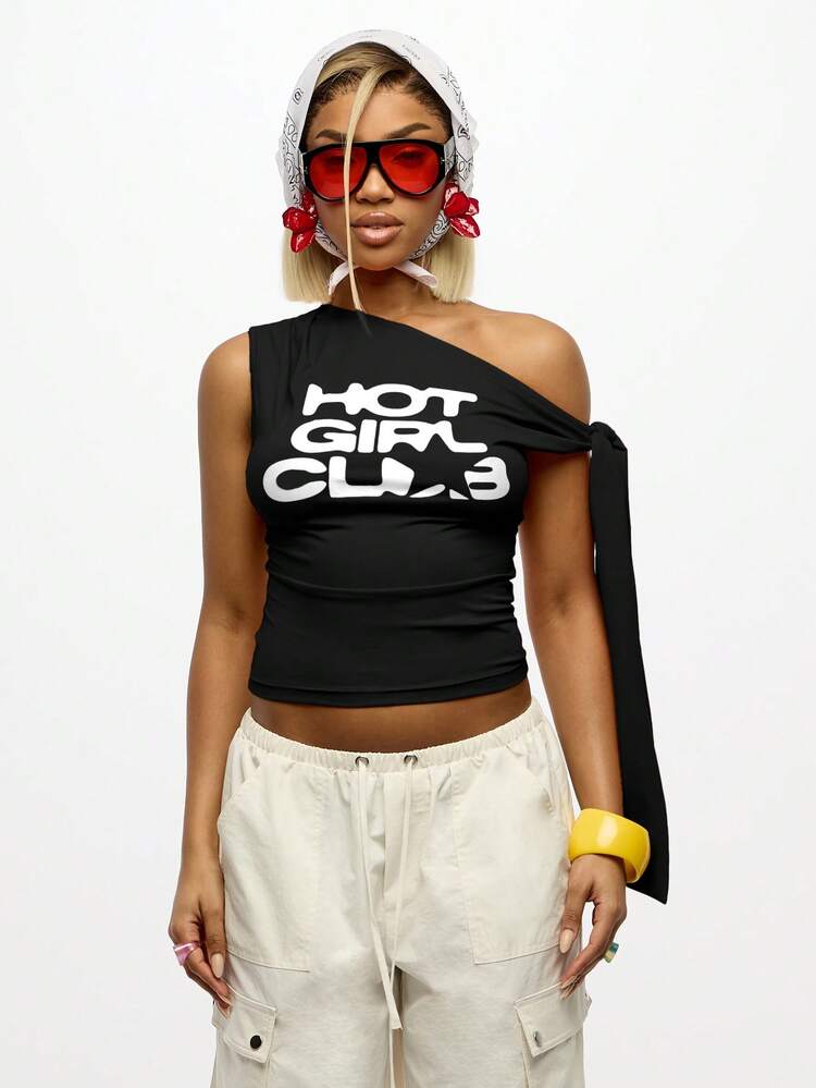 SUMWON Top asymétrique à imprimé graphique, col épaules dénudées, détail de nœud, mode streetwear Y2K, tenue de festival d'été
